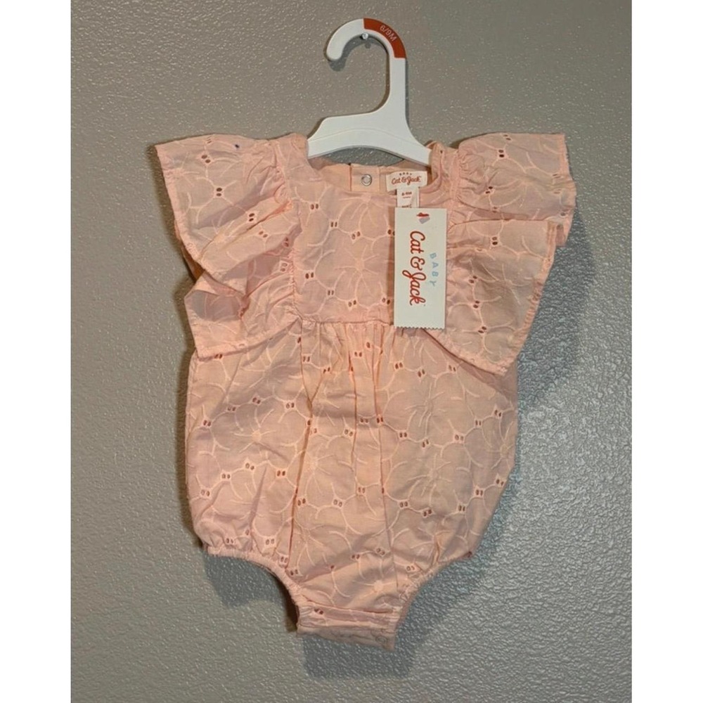 Cat & Jack Baby Girl Peach Eyelet Flutter Sleeve Romper 6-9M NWT
